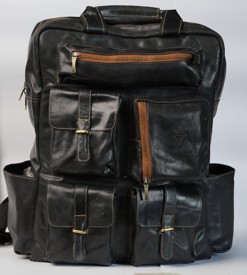 Black leather field backpack