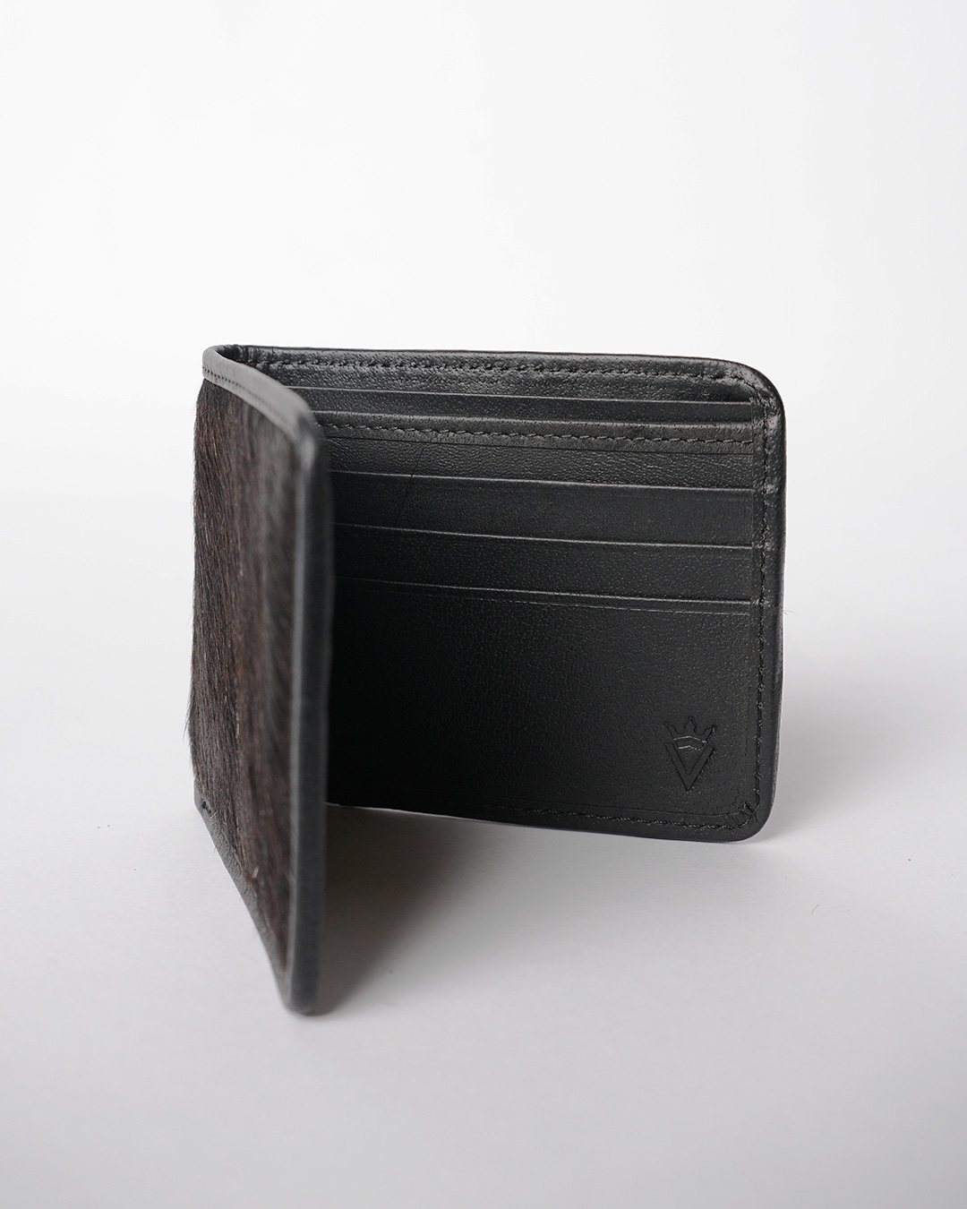 Black hair-on hide bifold wallet, open