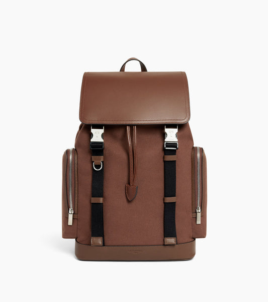 Sac à dos à rabat Maurice en toile coton et cuir lisse
