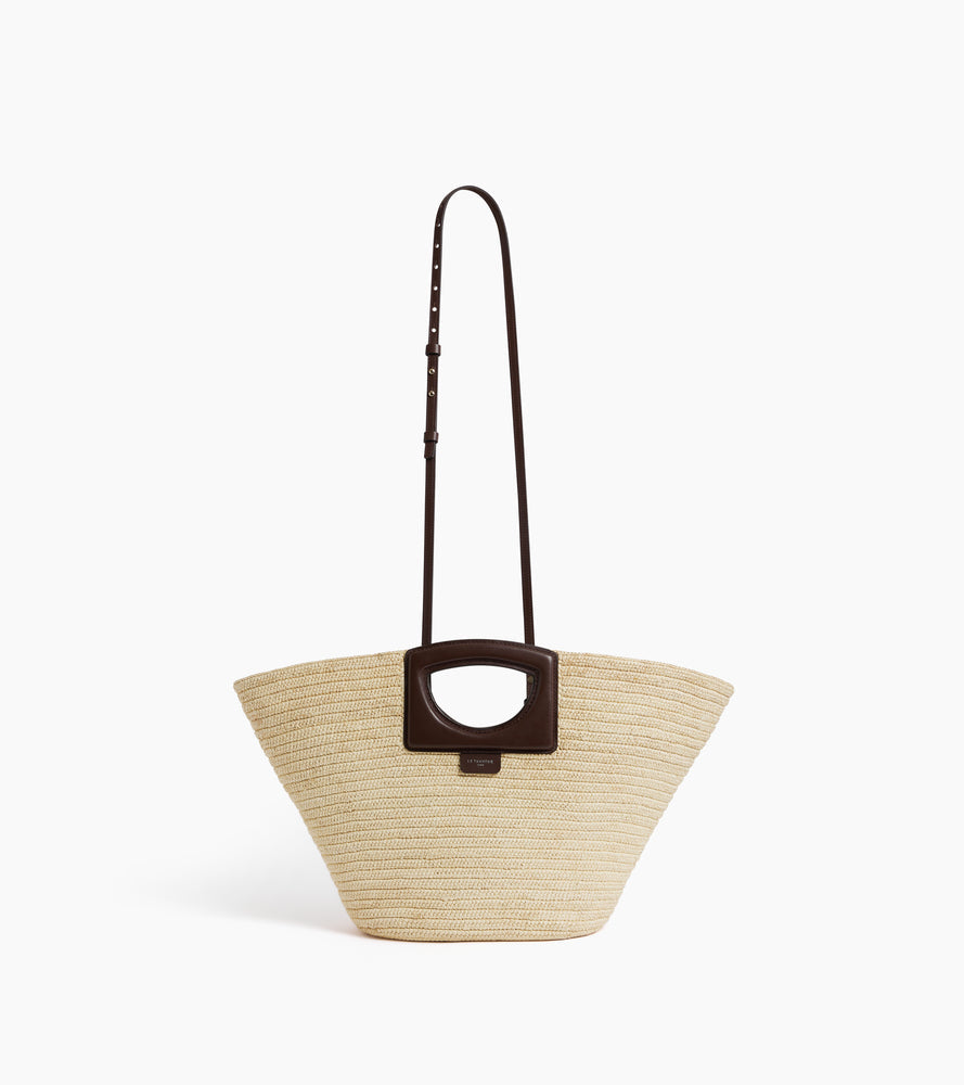 Grand sac cabas en raphia naturel et cuir lisse végétal