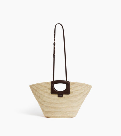 Grand sac cabas en raphia naturel et cuir lisse végétal